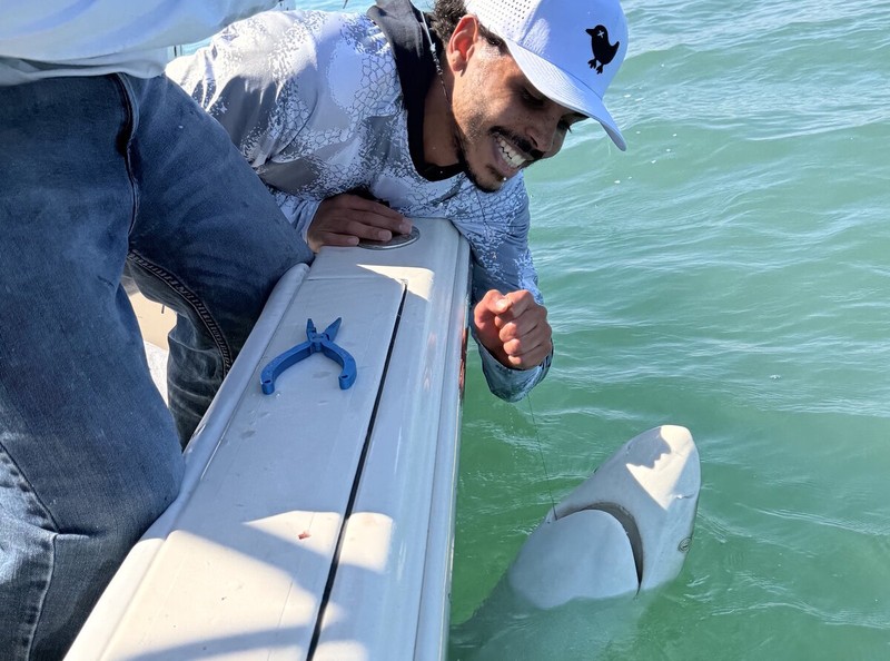Happy angler with a hammerhead shark caught on a Zookeeper Charter